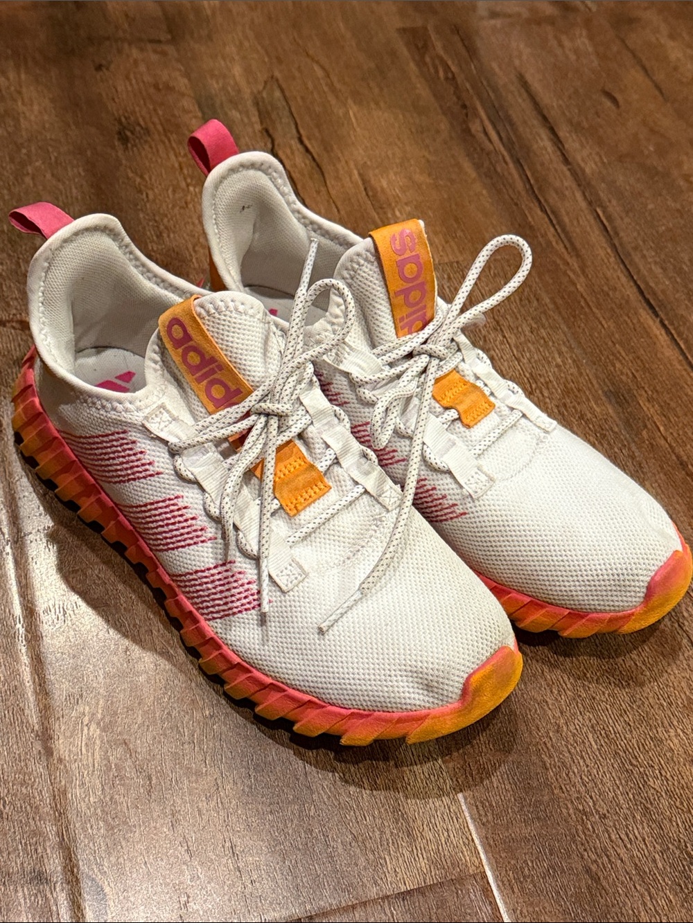 adidas White Canvas Kids Running Sneakers with Pink and Orange Accents